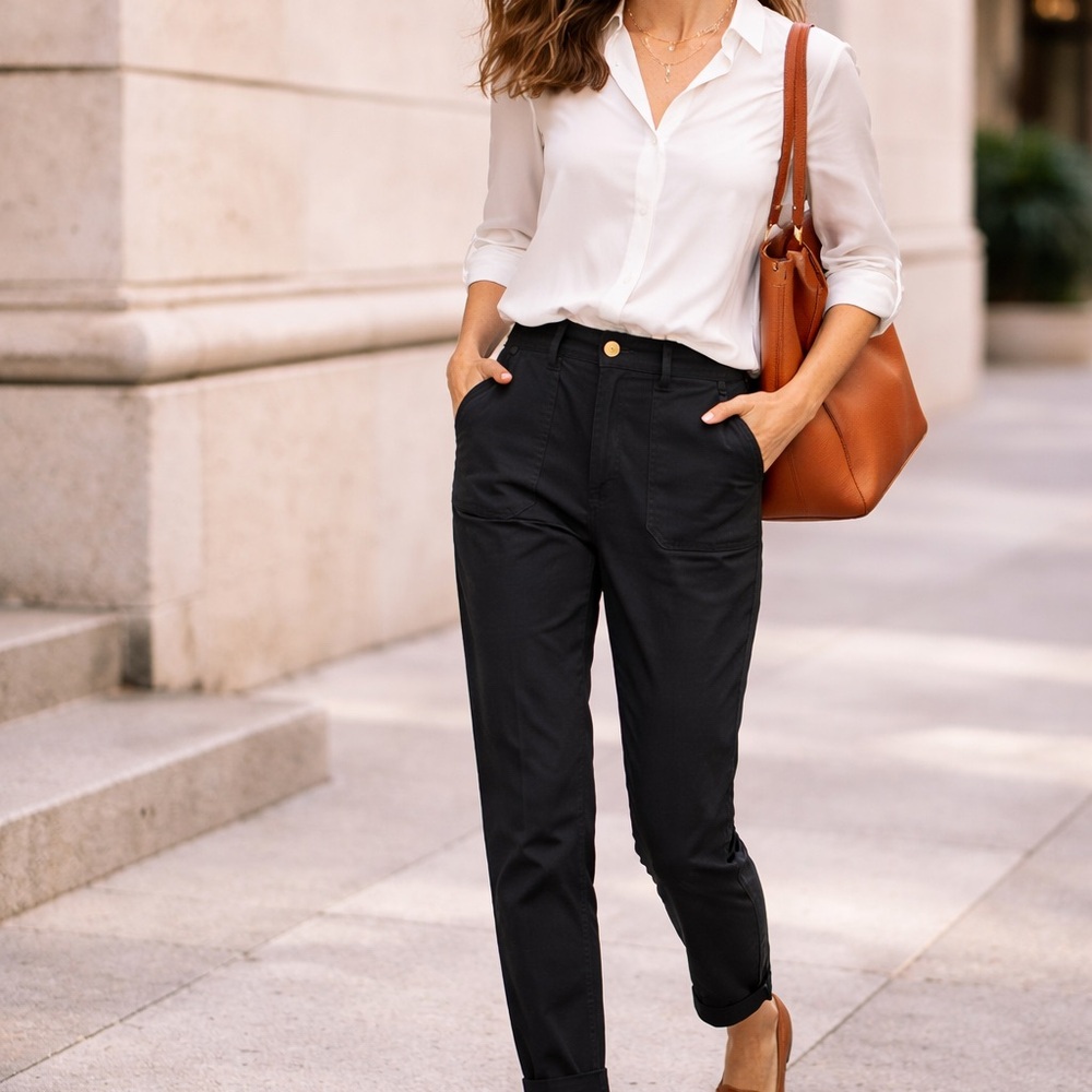 Anthropologie Black Pants Mid Rise Tapered Stretch Cargo Chic Minimalist Size 31